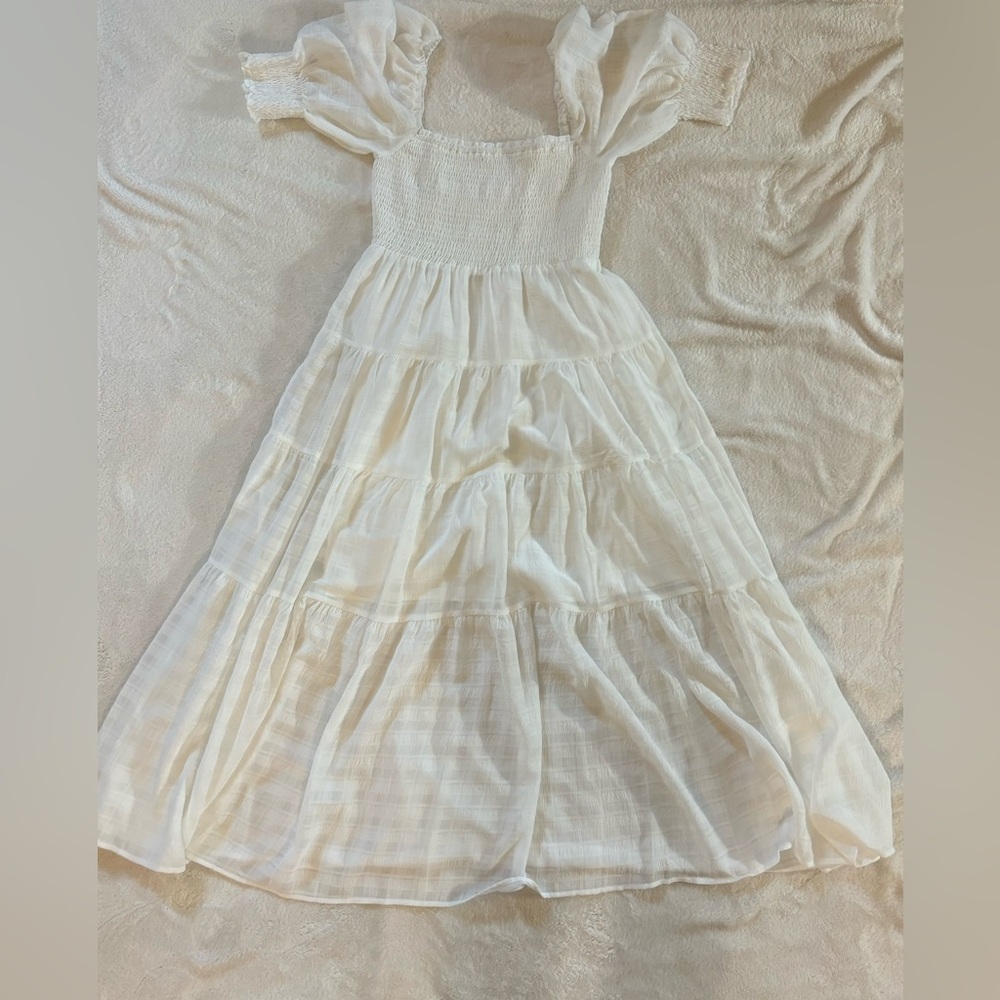 White Altar’d State Puff-Sleeve Maxi Dress with Tiered Skirt